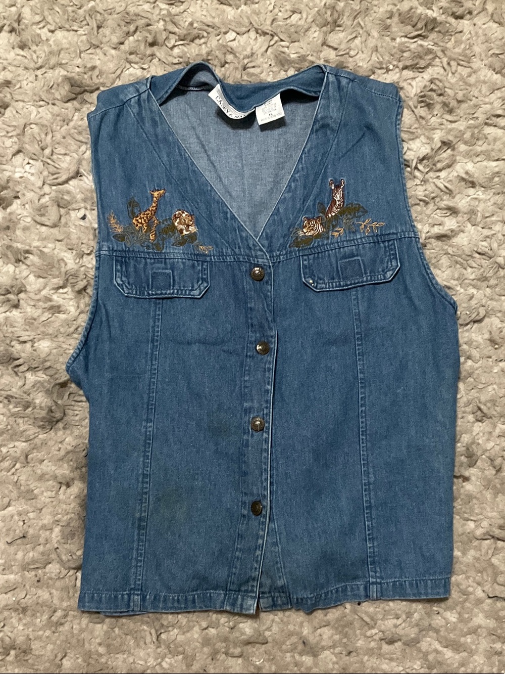 Casey & Max Blue Denim Button-Front Vest with Animal Embroidery